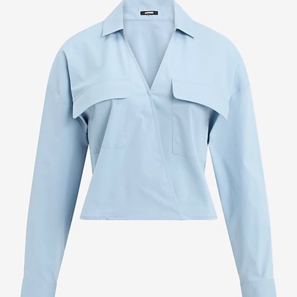 NWT Express Double Pocket V-Neck Surplice Cropped Top Glacier Blue Sz S - Picture 4 of 5